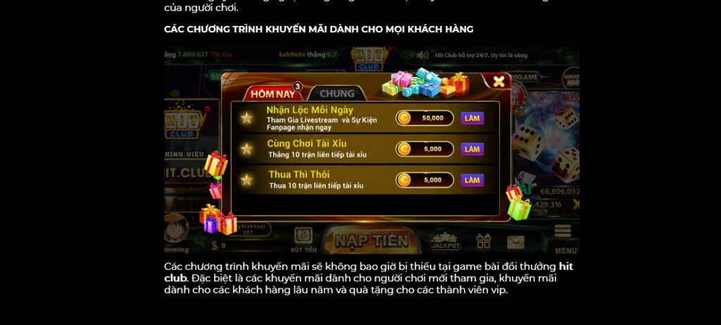 Nạp tiền Hitclub sẽ mang lại nhiều khuyến mại hấp dẫn